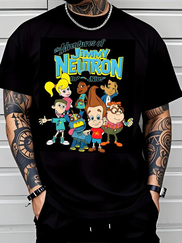 Men'S Classic Cartoon Graphic T-Shirt - "The Adventures of Jimmy Neutron" Full-Character Print, Black Crew Neck Tee, Short Sleeve, Regular Fit, Casual Streetwear for Casual Attire, Allseason Apparel| Playful Design| Cotton Tshirt