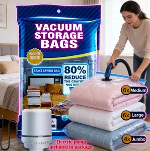 Vacuum Storage Bags 6-Pack Durable Reusable PA+PE Material Space-Saving Compression Bags for Clothing Travel Luggage Includes Air Pump for Blankets Bedding Moving Storage prevents water dustproof organizer box home office dormitory bathroom