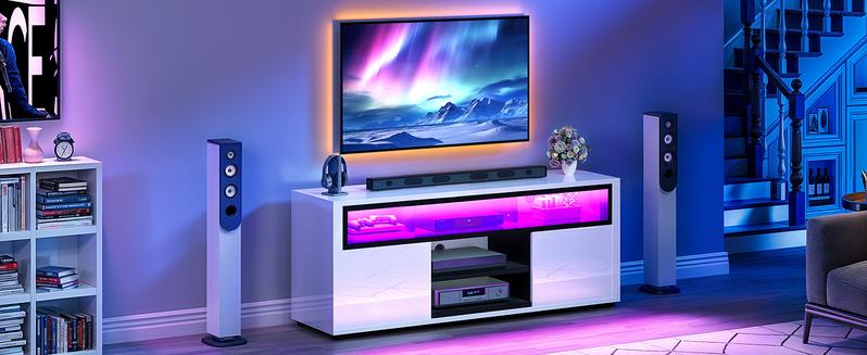 DWVO LED TV Stands for Living Room, TV Stand 55 inch TV, Entertainment Center with Storage, Modern White TV Stand, High Glossy Wood TV Media Console Cabinet, Black & White