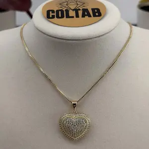 (C27)(92) 14K Gold Plated Big Heart Pendant with Rhinestone for Women with Chain