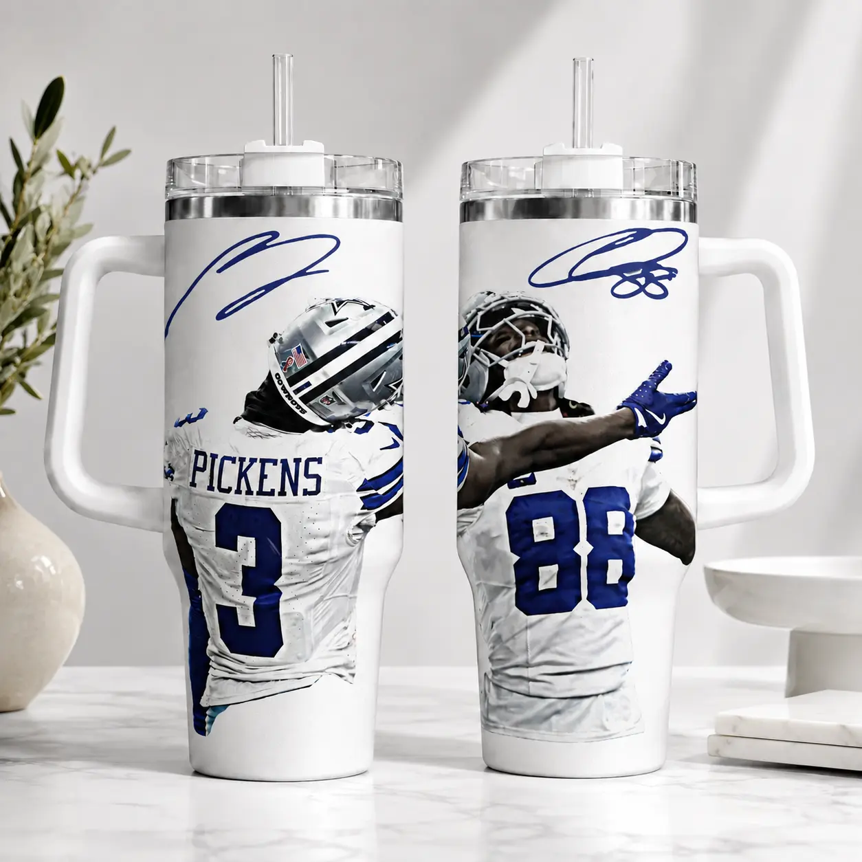 Texas Football Duo Tumbler, Blue Silver Game Day Travel Cup With Handle Straw, Sports Fan Gift