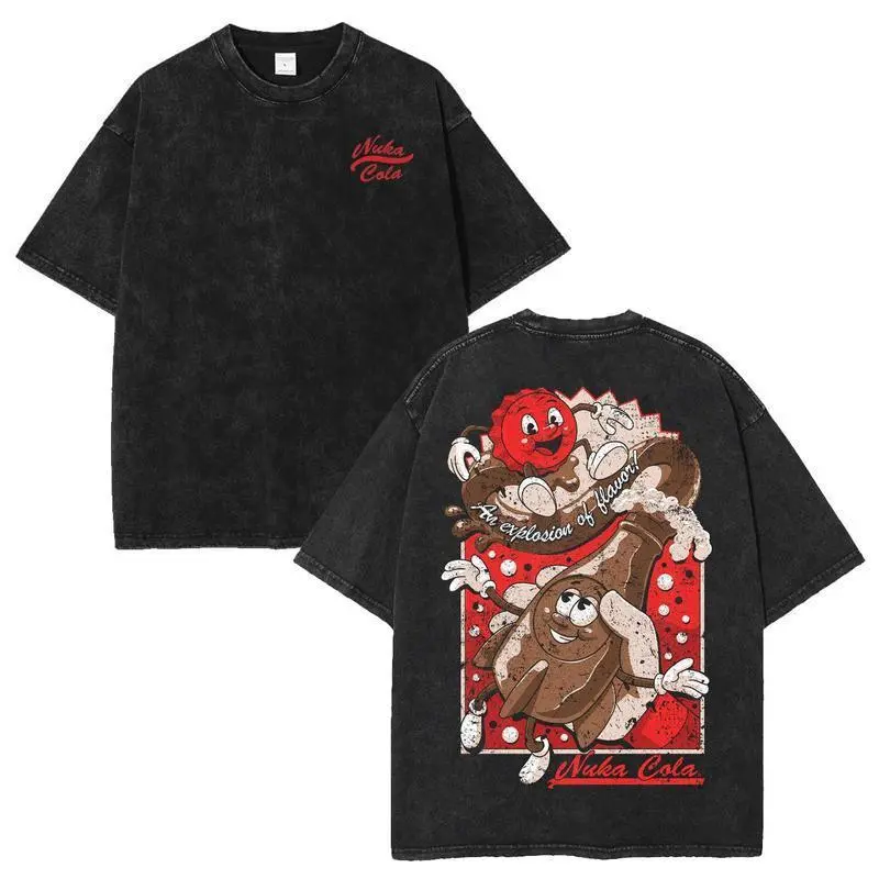 Fallout Nuka-Cola Mascot Washed Vintage Tee with Retro Pin-Up Bottle Cap Graphic |     Soft Cotton Crewneck Streetwear Shirt for Post-Apocalyptic Game Fans