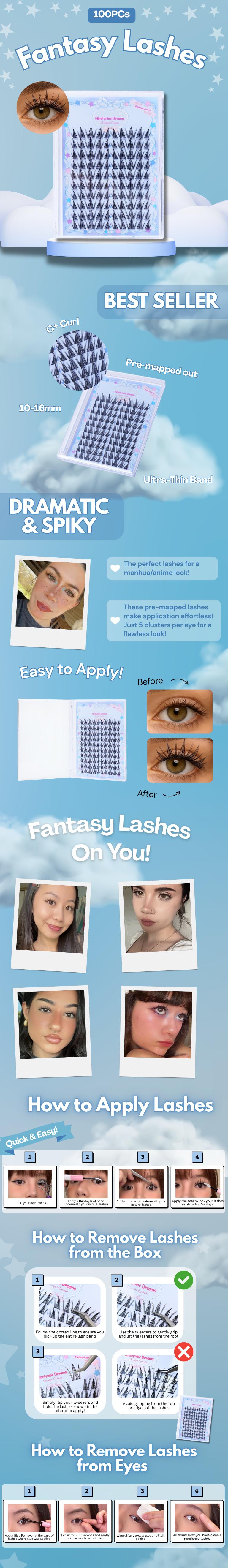 Ninetynine Dreams 100PCs Fantasy Lashes | Dramatic Spiky 10–16mm C+ Curl Manhua Anime Style DIY Lash Clusters — Waterproof, Long-Lasting, Reusable & Pre-Mapped Beginner-Friendly with Ultra-Thin Black Band False Eyelashes For Bold Eye-Catching Looks Ninetynine Dreams 100PCs Fantasy Lashes | Dramatic Spiky 10–16mm C+ Curl Manhua Anime Style DIY Lash Clusters — Waterproof, Long-Lasting, Reusable & Pre-Mapped Beginner-Friendly with Ultra-Thin Black Band False Eyelashes For Bold Eye-Catching Looks
