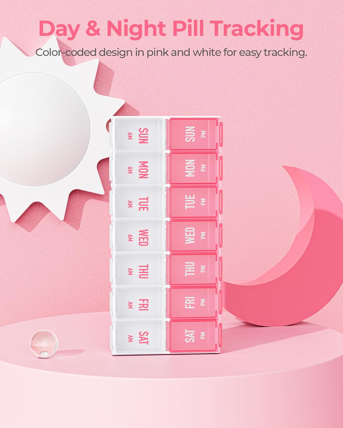 Pink Weekly Pill Organizer 2 Times a Day, Stylish Pill Box 7 Day AM PM with Large Compartments, Pill Case Easy to Use, BPA-Free Pill Container Healthcare Aid Vitamins Medication