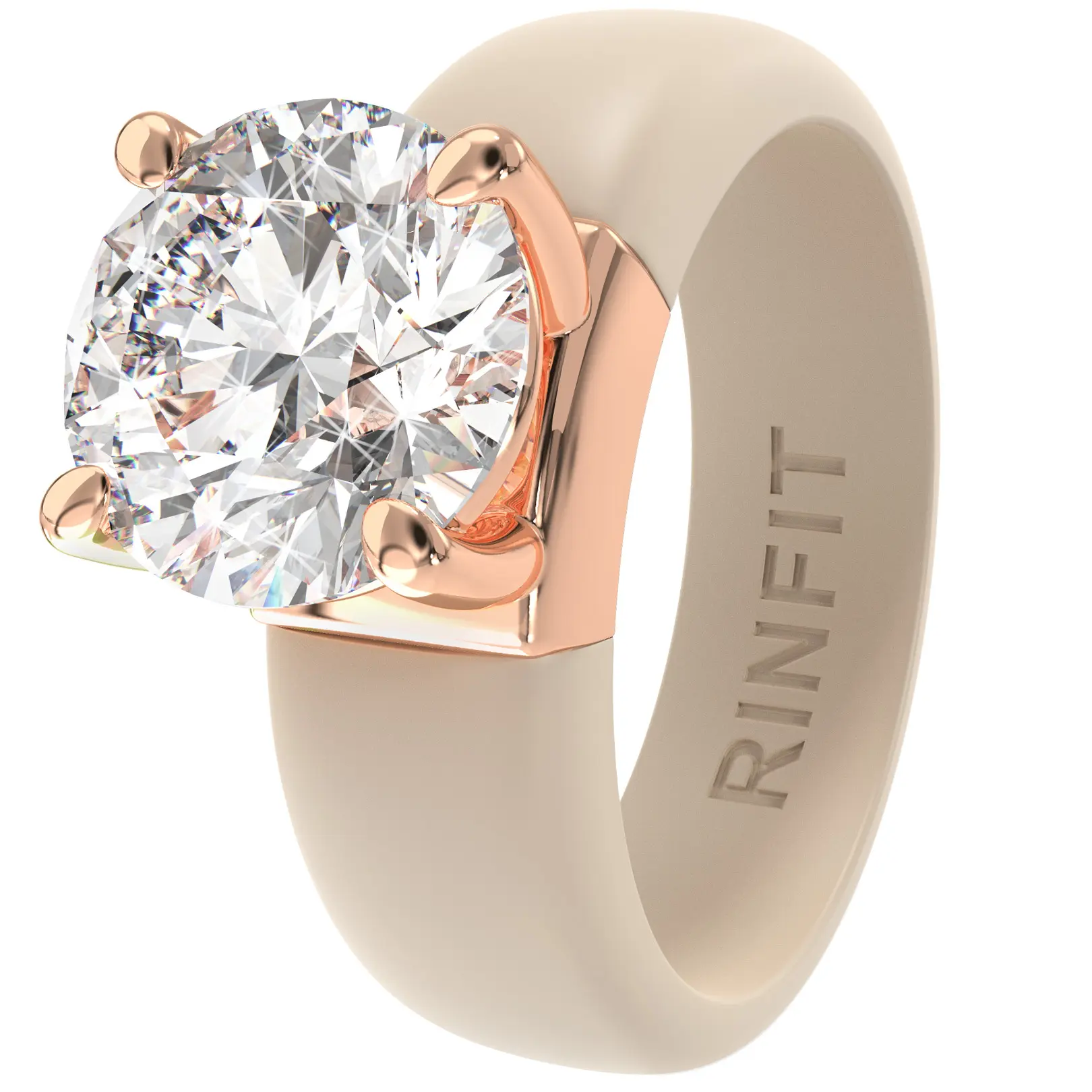 Rinfit Women's Elegant CZ Ring - 7mm Solitaire Cut CZ, 2mm Silicone Band, Patented Design, Water Resistant, Black & Rose Gold Costume Jewelry for Daily Wear