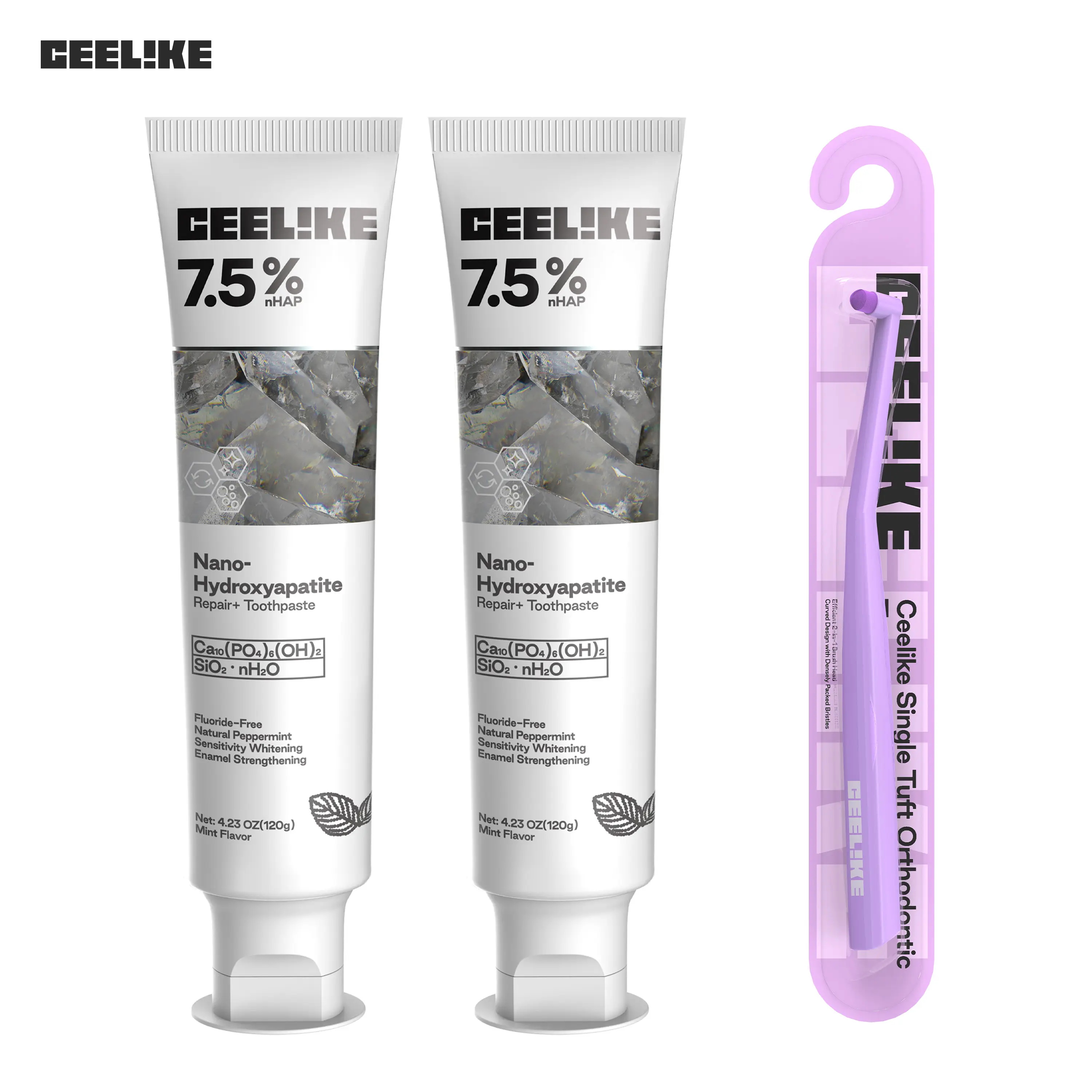 CEELIKE 3-Piece Oral Protection Set: 2 Enamel Care Hydroxyapatite Toothpastes for Damage Repair & Fresh Breath, 1 Orthodontic Toothbrush for Daily Dental Health, 3 Piece Set
