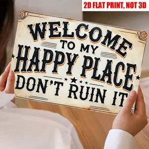 1pc 8x12 Inch Vintage Rustic Aluminum Wall Sign with Star Accents Welcome to My Happy Place Don’t Ruin It for Home Office Bar Man Cave Living Room Bathroom Decor or Gift Idea friend ideal humorous family lover funny tin warning decoration stuff religious