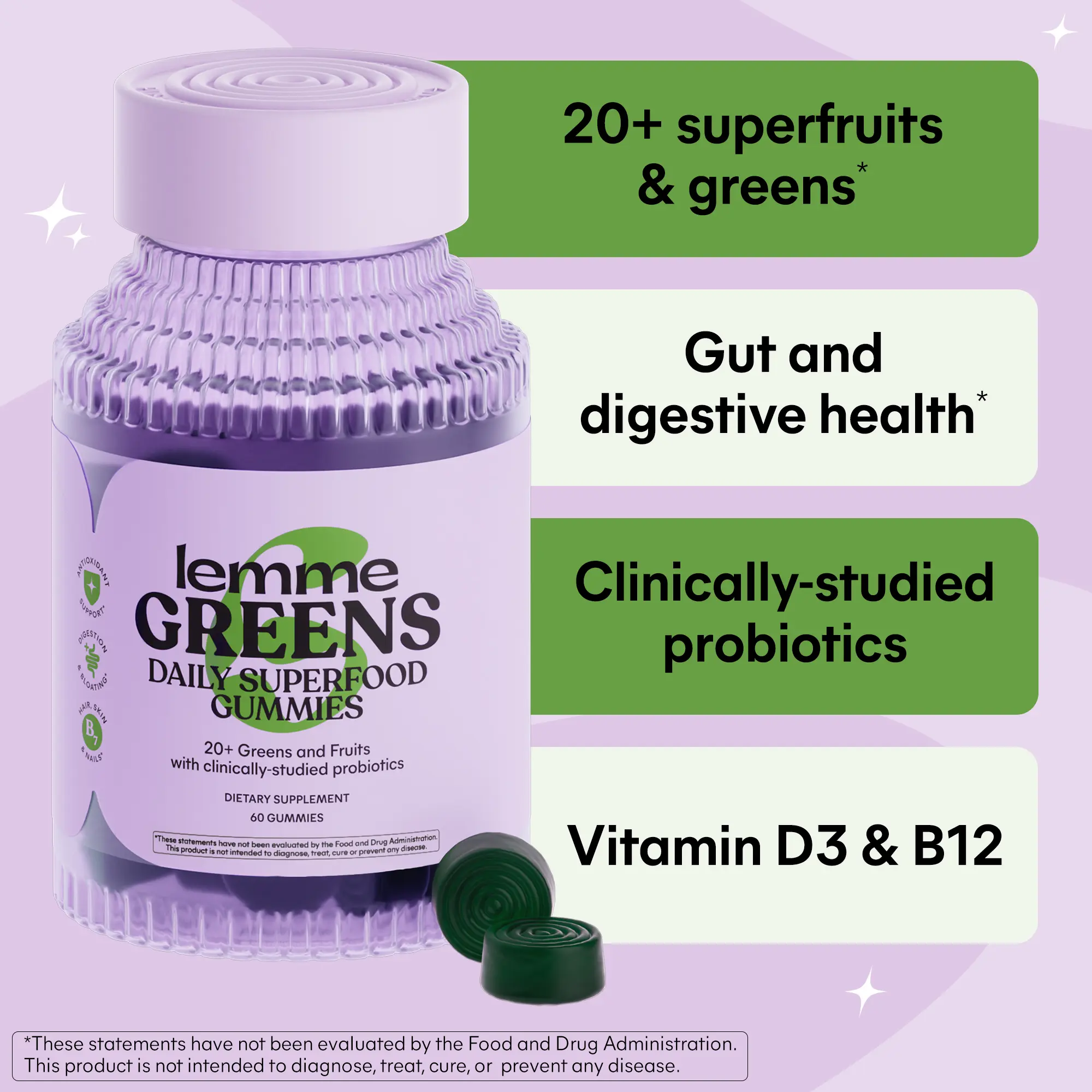 Lemme Greens Superfood Gummies w/Multi - Support Gut Health & Reduce Bloating, 20+ Organic Greens and Superfruits, Clinically Studied Probiotics, D3, B12 - Berries & Greens Flavored (60 Count)
