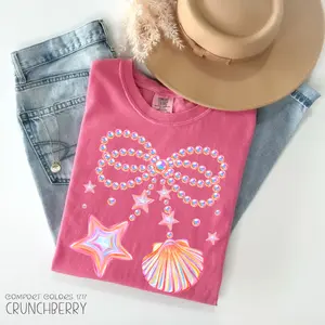 Comfort Colors Clam Pearl Bow T-Shirt, Summer Vibes Pink Clam Tee, Seashell tropical T-Shirt, Girly Tropical Summer Coquette Tee