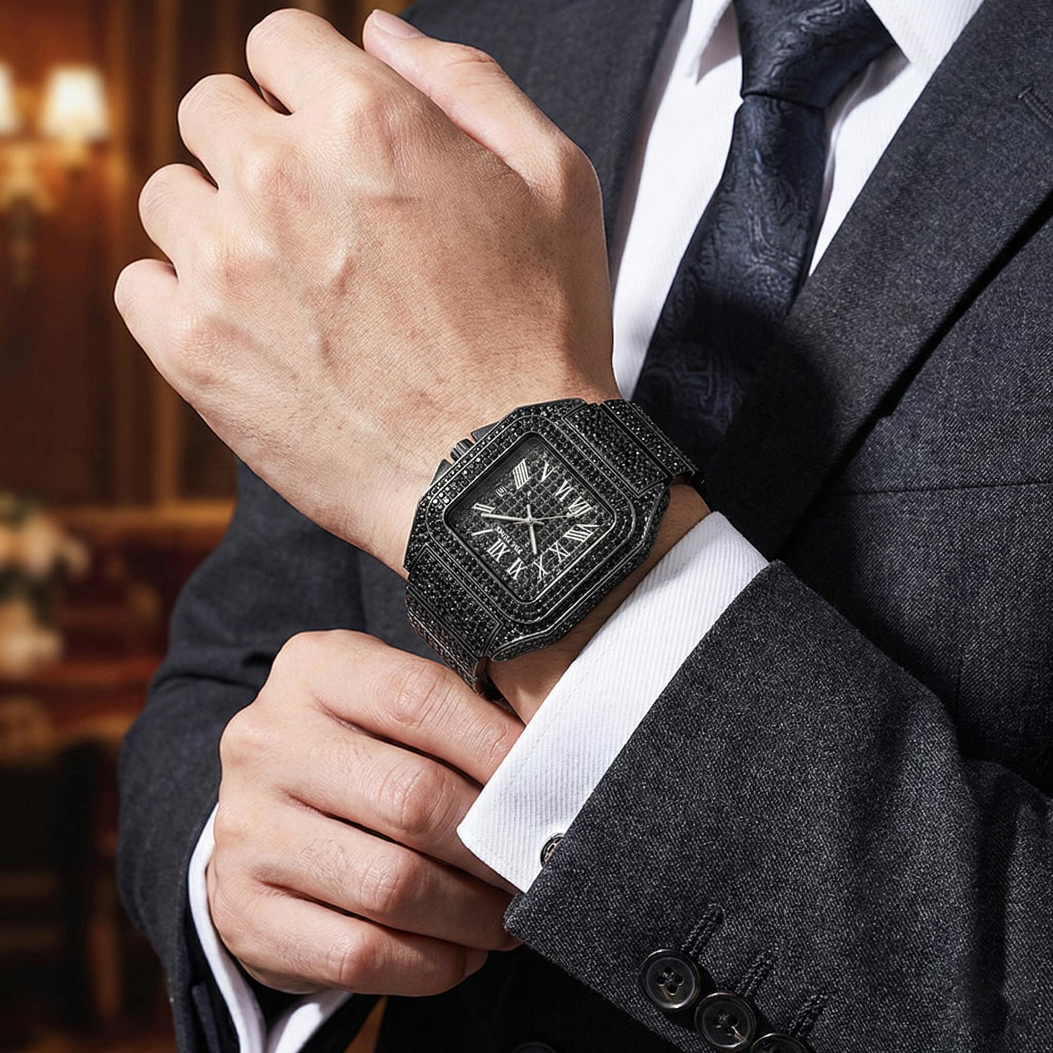 Fashion Hip Hop Men's Crystal Watch Bling Bling Watch Rectangle Case Stainless Steel Quartz Analog Bracelet Wristwatch