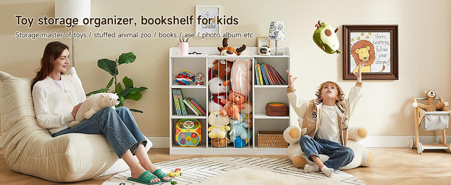 ONBRILL Toddler Stuffed Animal Zoo, Toy Storage Organizer for Playroom, Plush Toy Organizers and Storage, Book Shelf for Kids Rooms, Elastic Band Child Bookcase, Toy Shelf with 8 Storage Cubbies