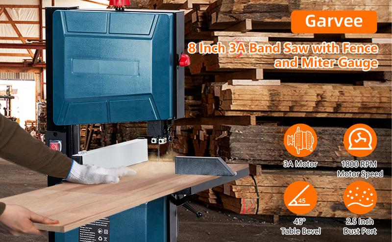 GARVEE 8 Inch Band Saw, 0-45 Tilting Range, 3A & 1800RPM Pure Copper Motor Bandsaw, Benchtop Band Saw with Fence and Miter Gauge, for Woodworking Aluminum Plastic
