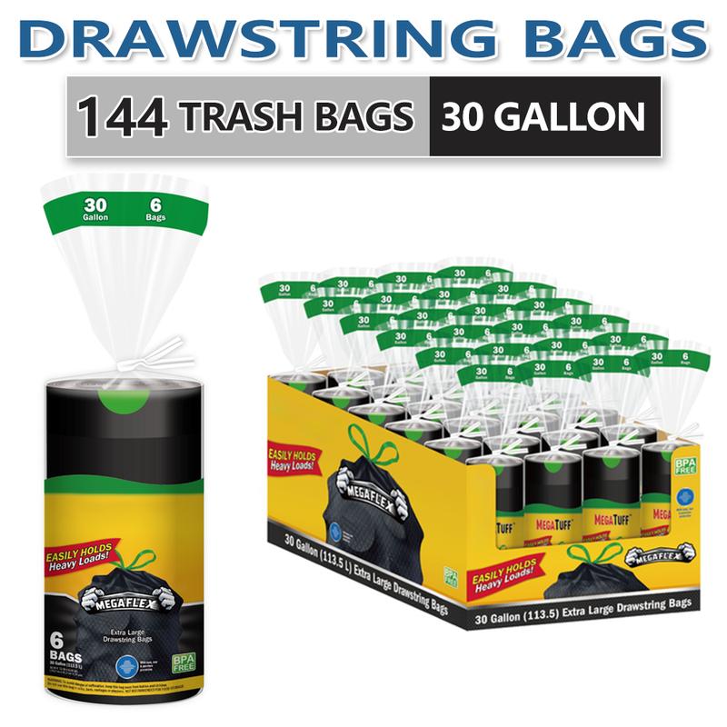 144 Bags 30 Gallon 24 Roll Non Tear Disposable Large Drawstring Black Trash Bags For Large Kitchen Trash Can, Ultra Strong 144 Count 113.5L Multipurpose Cleaning Supplies For Industrial, Garden, Home, Commercial - Durable, Leak-Proof, And Easy To Use
