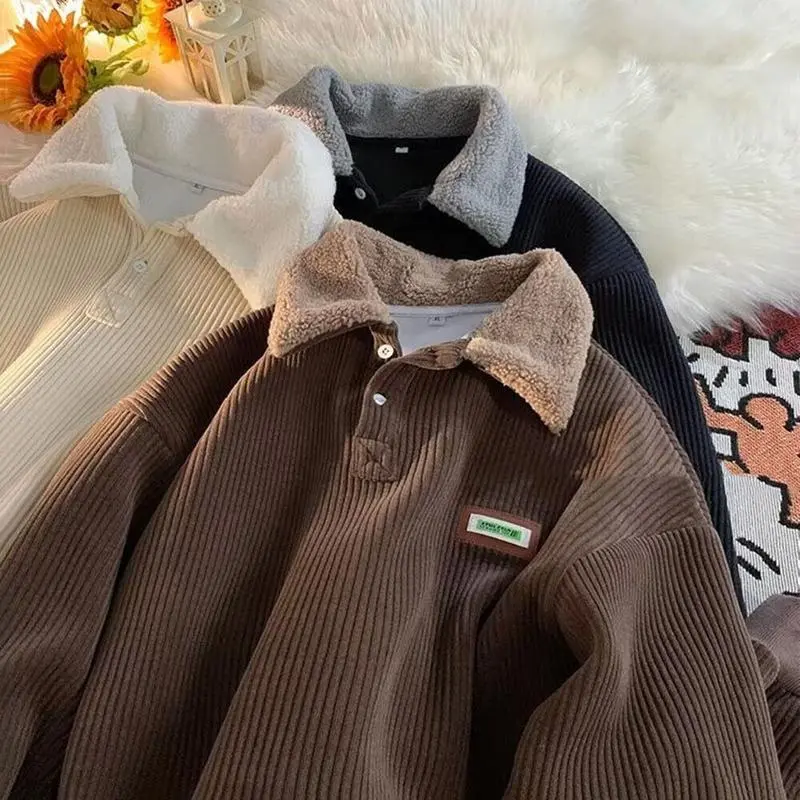 Women's Retro Plain Corduroy Collared Polo Longsleeve Sweatshirt - Autumn-Winter Classic Chic Loose Soft Basic Lightweight Casual Button-Accented Machine-Washable Couple-Friendly Thanksgiving Gift Top, Style-Focused Clothing, Longsleeves, Tops, Buttons, S