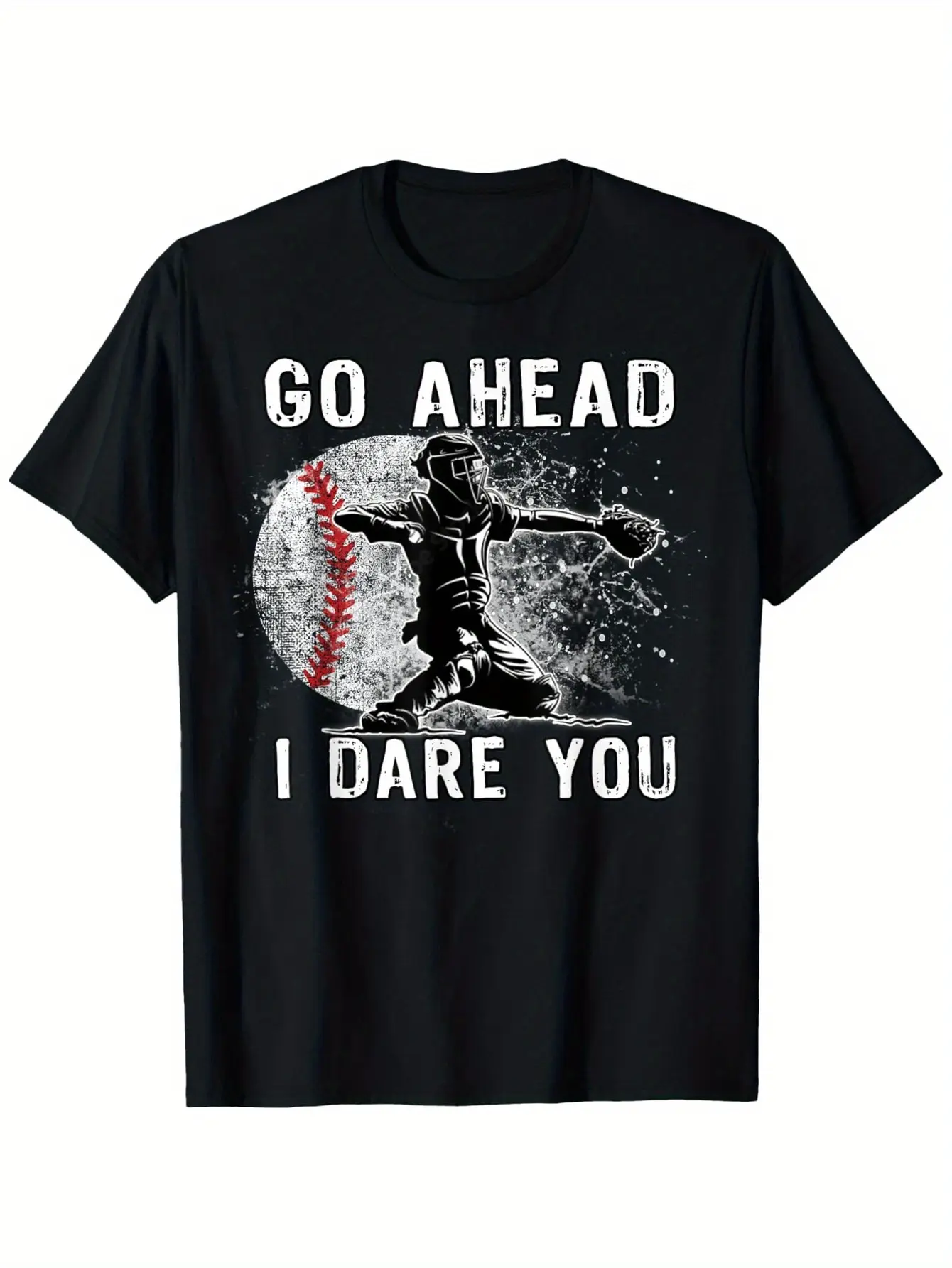 Baseball Catcher Graphic T-Shirt,  Cotton, Casual Crew Neck, Medium Stretch Knit Fabric, Loose Fit, Breathable Short Sleeve Tee for Adults - Black