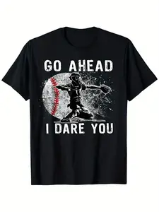 Baseball Catcher Graphic T-Shirt, 100% Cotton, Casual Crew Neck, Medium Stretch Knit Fabric, Loose Fit, Breathable Short Sleeve Tee for Adults - Black