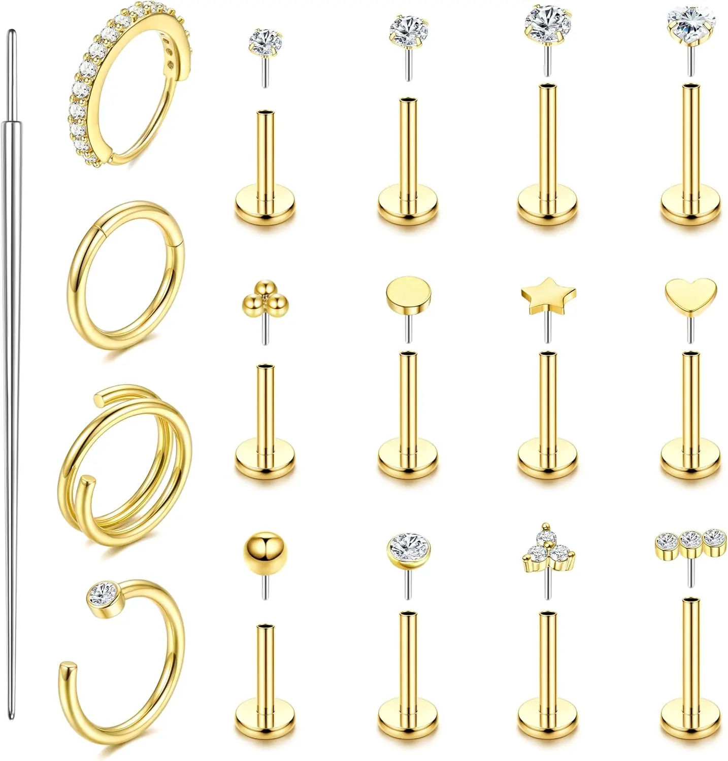 14K Gold Filled Nose Rings & Studs, 18G 20G Threadless Flat Back Nose Piercing Jewelry with CZ, Hypoallergenic Surgical Steel Nostril Jewelry for Women & Men