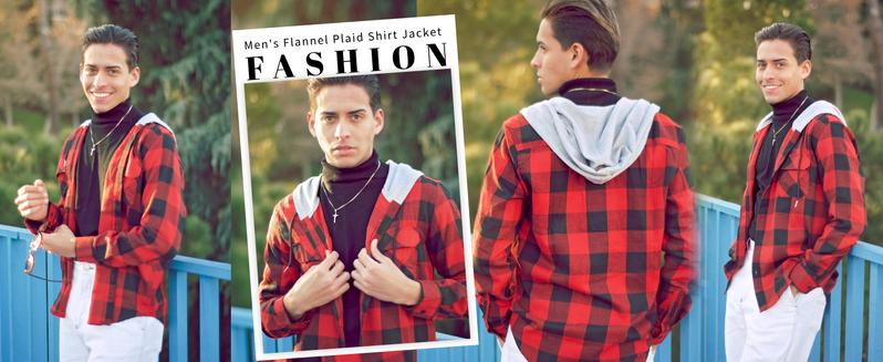 COOFANDY B Lightweight Men's Red & Navy Plaid Hoodie Flannel Shirt Jacket Long Sleeve Casual Fashion Button Shirts Menswear Coats Tops with Drawstring & Elastic Closure