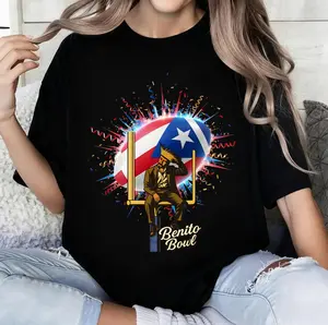 100% Pure Cotton Black T-Shirt with Puerto Rico Flag and Benito Bowl Graphic – Perfect for Casual Wear.