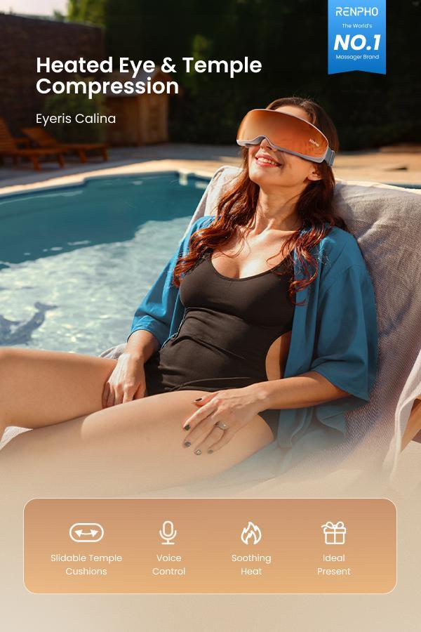 RENPHO Smart Migraine Massager, Voice Control, Eyeris Calina, Valentines Day Gift Choice for Man Women Heated Eye Mask and Slidable Temple Massage for  Sleep Improve and Stress Relief