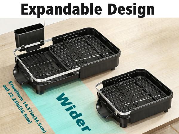 Expandable Over Sink Dish Drying Rack, Adjustable Kitchen Counter Organizer for Plates, Bowls, Cups & Utensils with Automatic Drainage Spout