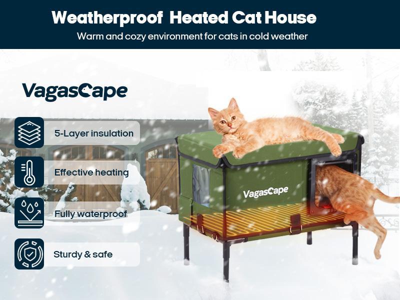 【Limited】Vagascape Heated Outdoor Cat House, Heated Bowl, Thermostat & Overheat Protection with Auto Shutoff, Warms in ~3s & Energy-Saving – Waterproof, Insulated & Elevated, 12mm Fiberglass Frame, Escape Door & Window, UL-Tested Heating Core