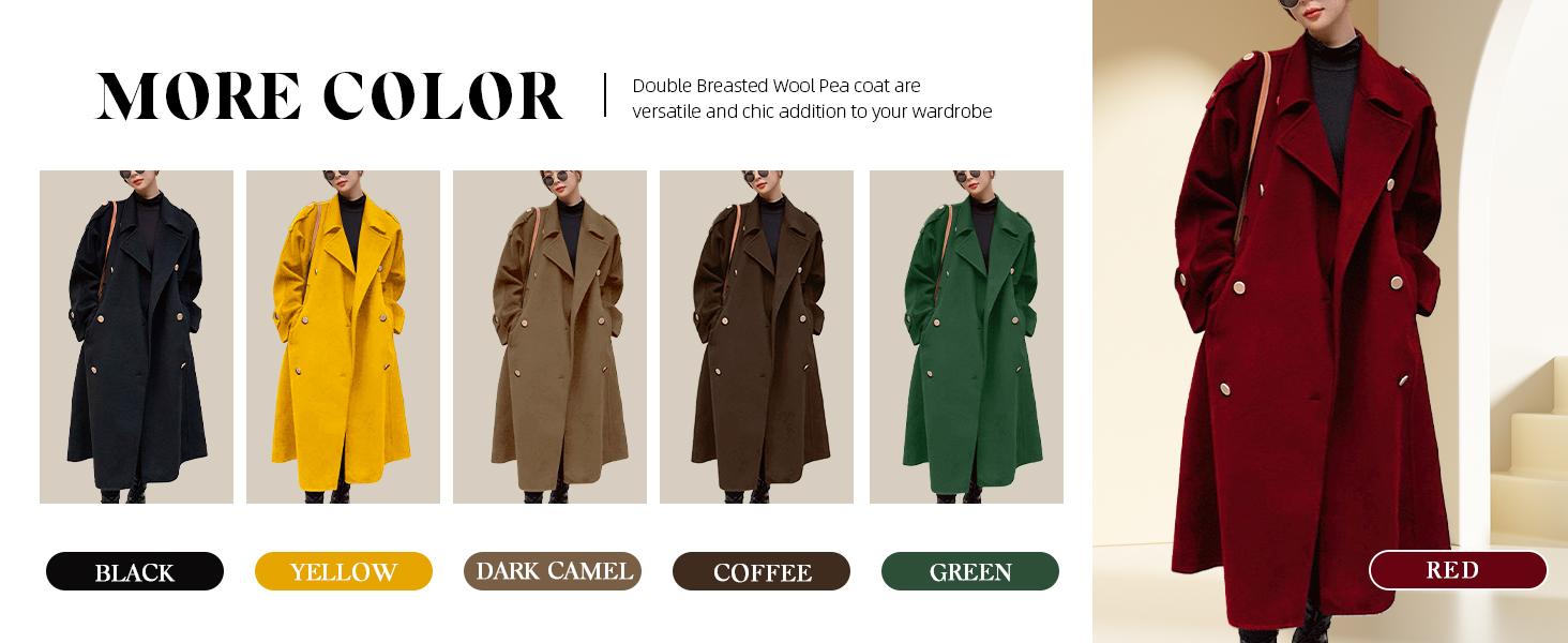 Ebossy Women's Winter Double Breasted Midi Long Wool Pea Coat Notch Lapel Trench Coat Minimalist Basic Jackets Thermal Lined Outerwear