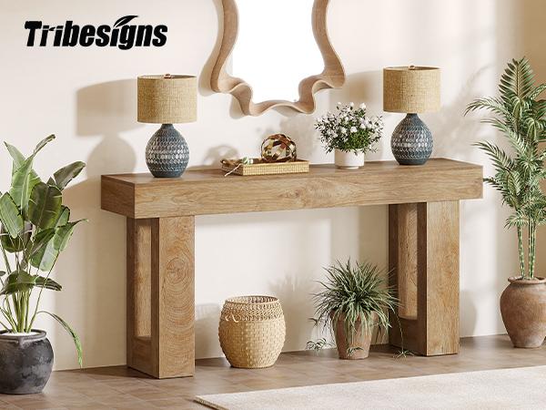 Tribesigns 63-Inch Long Console Table, Wooden Rectangular Sofa Table Behind The Couch, Farmhouse Entryway Table for Entrance, Hallway, Living Room (Natural) Modern