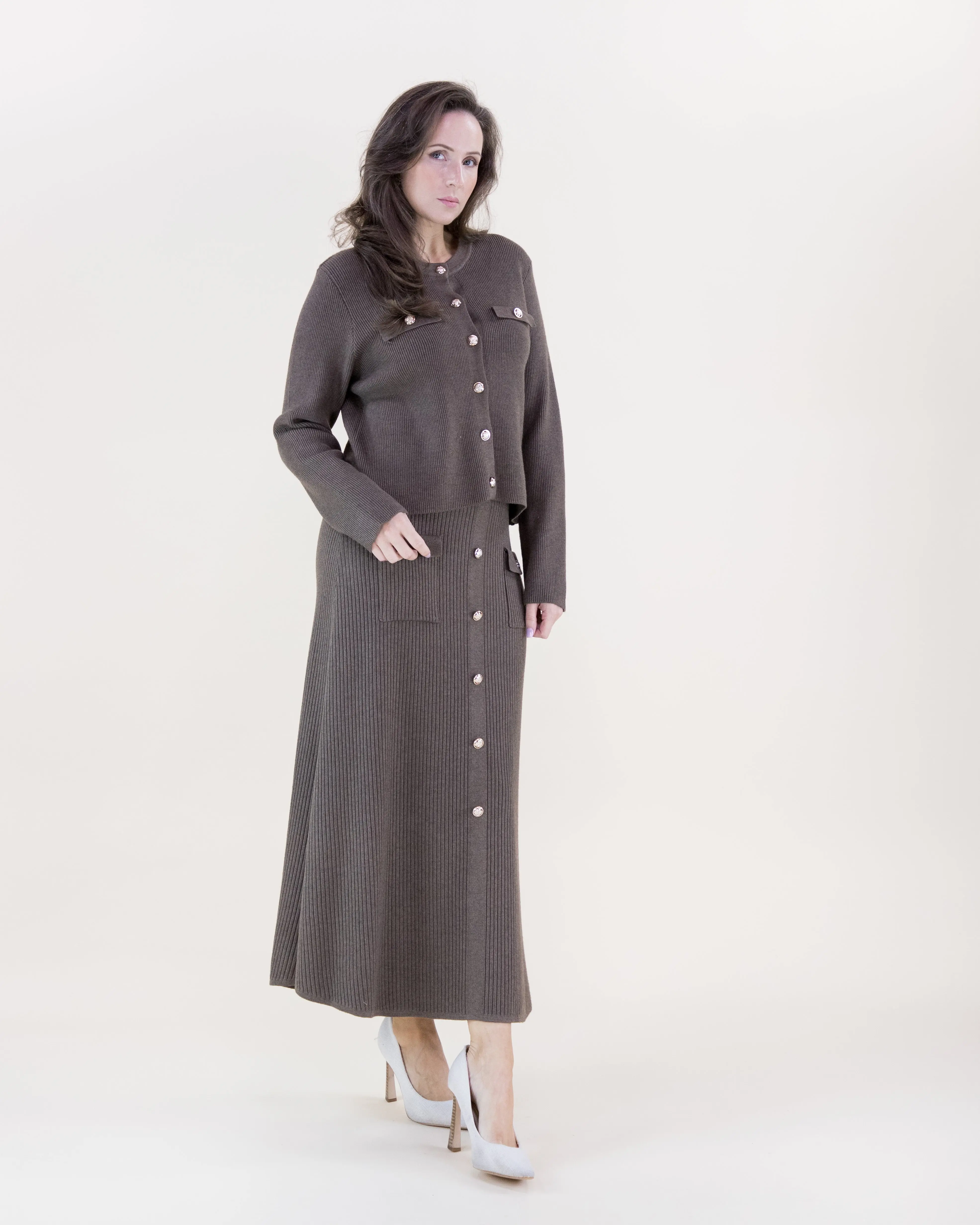 Ribbed Patch Pockets Boxy Cardigan & Ribbed Faux Buttons Knitted Midi Skirt 2pcs Set Fabric Fitted