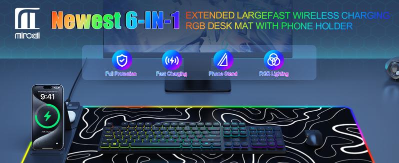 ExtreLife XXL Gaming Mouse Pad with 15W Magnetic Wireless Charging Large Desk Mat Protector RGB Mousepad 4mm Non-Slip Waterproof for Office Home Gaming 【Christmas】
