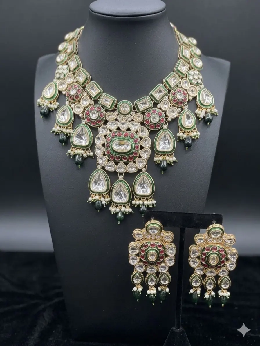 Royal Emerald Kundan Polki Bridal Necklace Set with Earrings & Maang Tikka