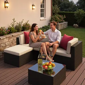 Homall Modular Outdoor Patio Furniture Set – 5-Piece Rattan Sectional Sofa with Cushions & Movable Glass Coffee Table for Backyard, Poolside & Garden Relaxation