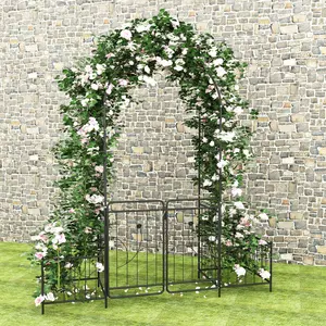 Garden Arbor with Gate & Two Planter Boxes, 86.6 inches Metal Garden Arch for Climbing Plants Outdoor ,  for Lawn, Patio and Backyard, Wedding Arch Party Decor