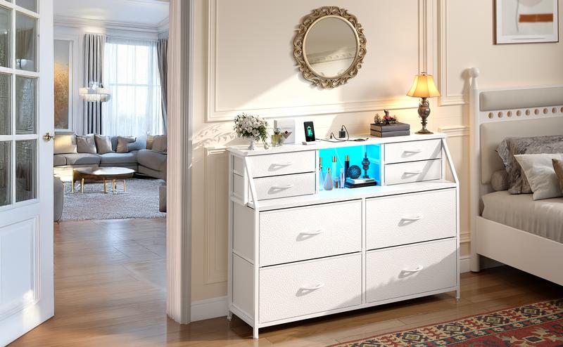 【Vanity sideboard】Raybee 8 Drawers Mini Dresser for Bedroom,Dorm & Attic's Dresser with Built-In Charging Station and LED, Sturdy Chest of Drawers with Two Open Shelves for Storage,Hides all your clutter to keep you organized & your vibe on point
