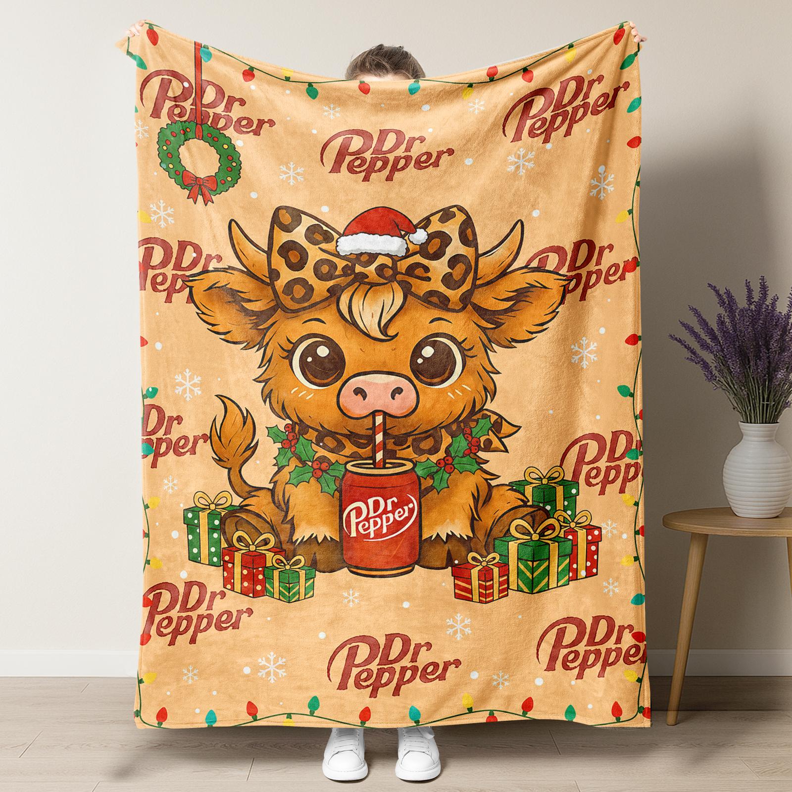 Cartoon Cute Highland Cow Pattern Blanket Dr Pepper Soft Warm Throw Blanket soft fluffy slogan print fleece decorative giftable heartfelt gift