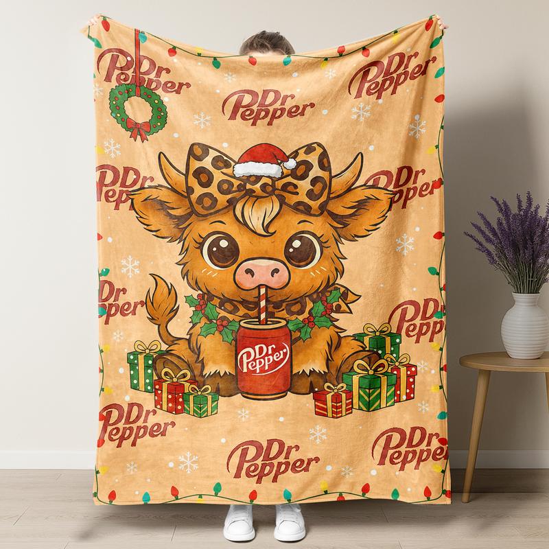 Cartoon Cute Highland Cow Pattern Blanket Dr Pepper Soft Warm Throw Blanket soft fluffy slogan print fleece decorative giftable heartfelt gift