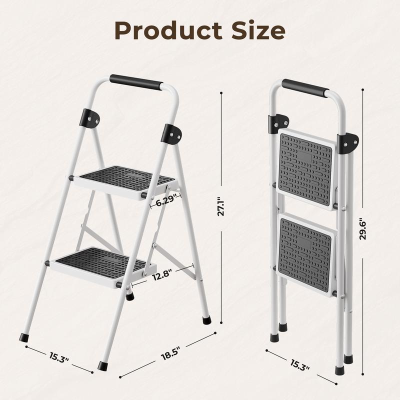 Flycity  2-step ladder, 2-step stool, adult folding step stool, with soft padded handle, wide anti-slip platform with ergonomic design. Adult portable step stool, multi-purpose for home, kitchen, office.