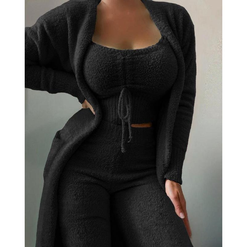 Women's Plush Three-piece Set, Lace-up Pajamas Set, Casual Set, Loungewear