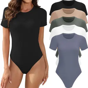5 Pack Body Suits for Women Short Sleeve Round Neck Casual Stretchy Basic T-Shirt Bodysuit Tops, Comfortable Fabric Shapewear Bodysuit,Tropical Outfit, Skinny and Slimming Tummy Control Body Suit, Jamie Grey Bodysuit Womenswear Ribbed Crewneck Tshirt