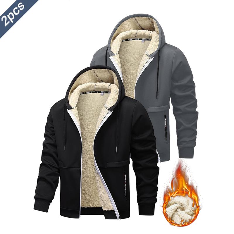 2PCS - Autumn And Winter Men's Simple Solid Color Hoodie, Drawstring Hooded Cardigan Coat, Men's Winter Clothing, Autumn And Winter Sports Outdoor Wear