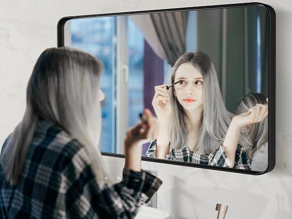 Bathroom Mirror Vanity Mirror for Wall, Aluminum Alloy FramedFarmhouse,Anti-Rust,Tempered Glass, Rounded Rectangle,Hangs Horizontally or Vertically