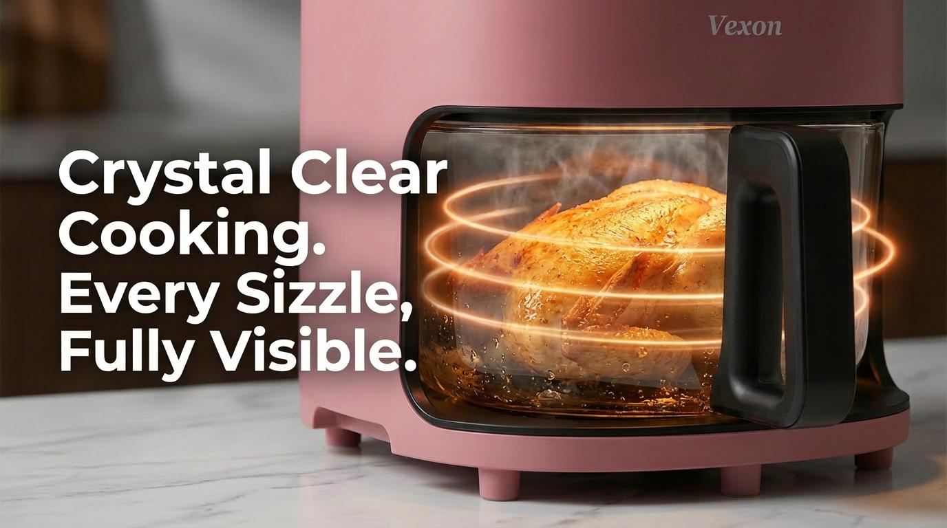VEXON Aesthetic Pink Glass Air Fryer 4.5QT – 6-in-1 Digital Air Fryer with Viewing Window, 97% Less Oil, Quiet & Easy Clean, A Perfect Gift for your girl