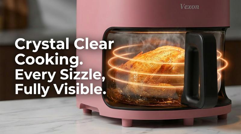 VEXON Aesthetic Pink Glass Air Fryer  4.5QT – 6-in-1 Digital Air Fryer with Viewing Window, 97% Less Oil, Quiet & Easy Clean, A Perfect Valentine’s Day Gift