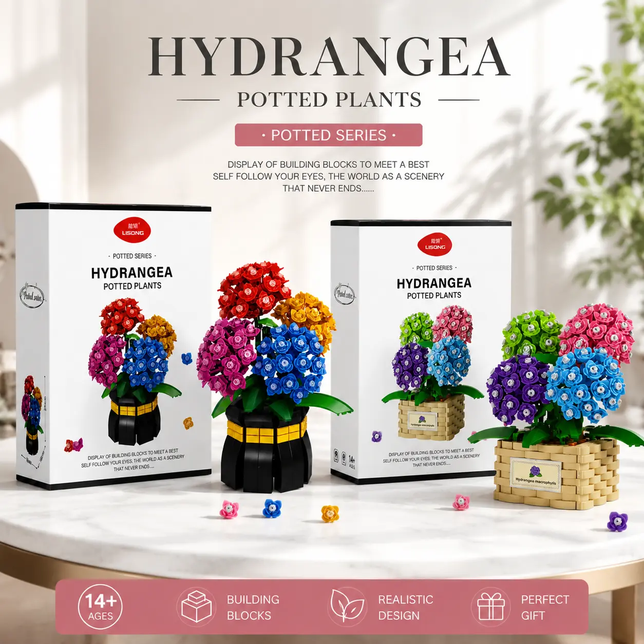 Back‑to‑School GiftHydrangea Building Blocks Kit - Complete DIY Set, Creative Building Blocks Playset, Artificial Potted Decor Bricks & Parts, Valentine's Day Gift for Ages 14+ Home Decor