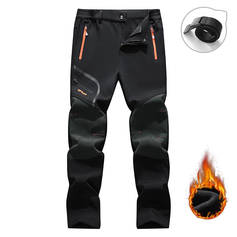 Men's Winter Fleece Lined Warm Pants Outdoor Hiking Durable Plush Spliced Design Multi-pocket Thermal Trousers with Adjustable Waist