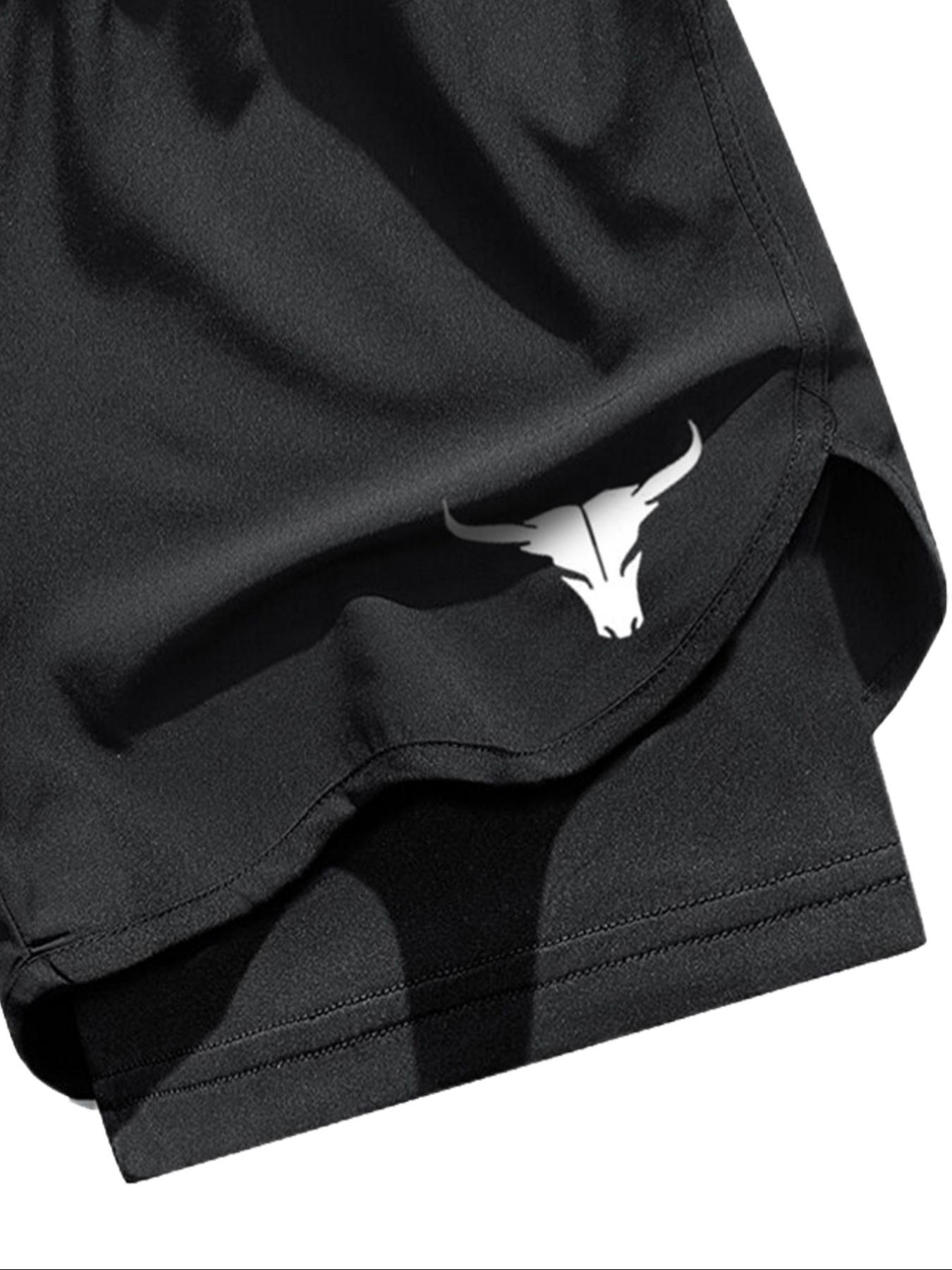 Men's two-in-one letter and bull head print double-layer drawstring waist sports shorts, quick-dry sports shorts, designed for sports, suitable for fitness and marathon training, featuring a double-layer lining. Elastic Drawstring Jogger Shorts