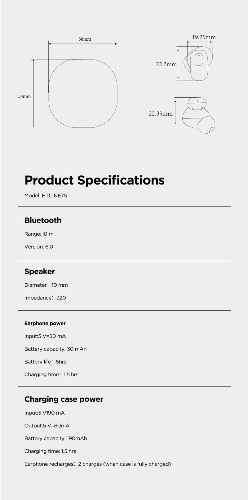 HTC NE75 TWS Wireless Bluetooth Earphones, HIFI sound quality, built-in microphone, supports voice calls, suitable for sports, fitness, studying, and entertainment.