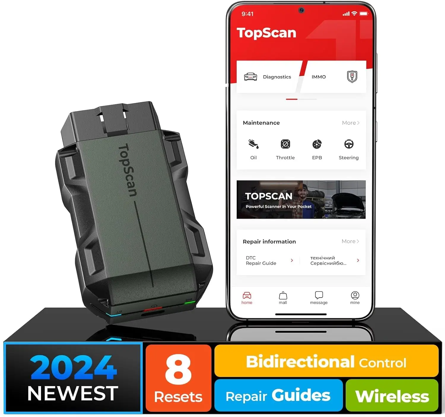 TOPDON Topscan Lite OBD2 Scanner Bluetooth, Wireless OBD2 Code Reader with Active Test, 8 Reset, Car Diagnostic Tool for All System, Vehicle Performance Test for iPhone & Android, All Software 1 Year Free