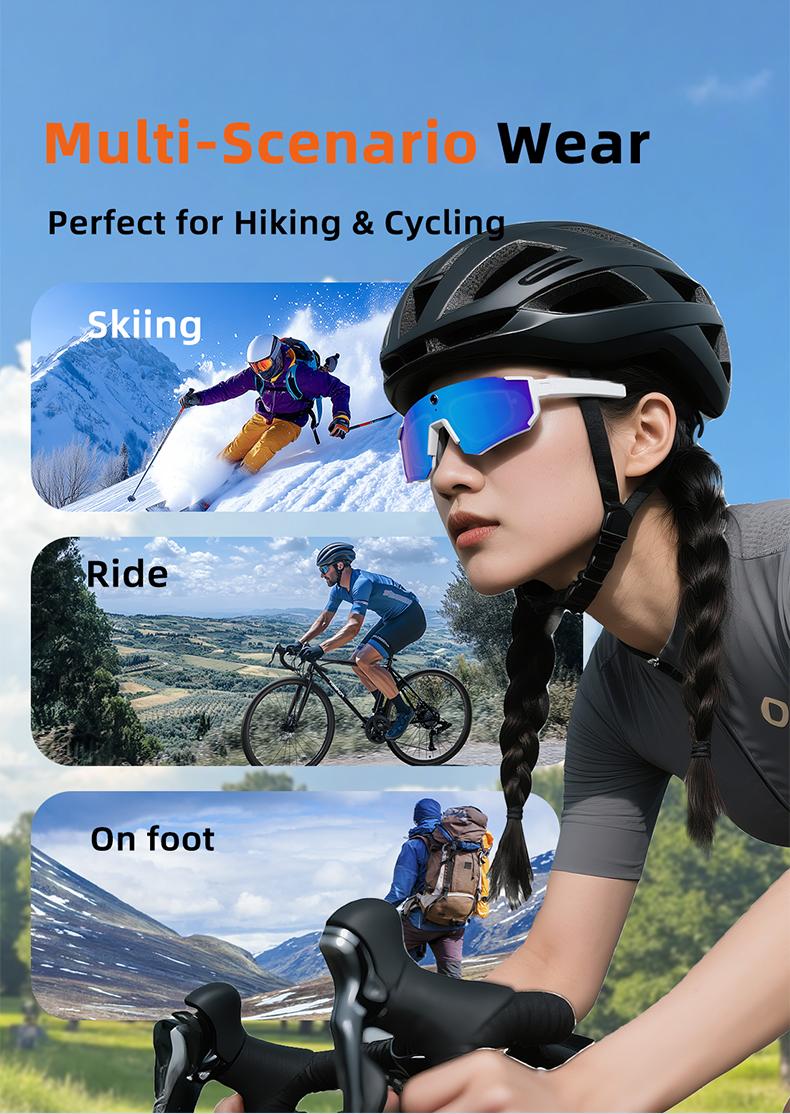 Smart Sports Glasses with 8MP Camera, 2K Photo/1200P Video Recording Wearable Glasses, IP54 Waterproof Multifunctional Wireless Audio Bluetooth Glasses with Headphone, Outdoor Sports Polarized Sunglasses with AI Voice Assistant, UV Protection Eyeglass