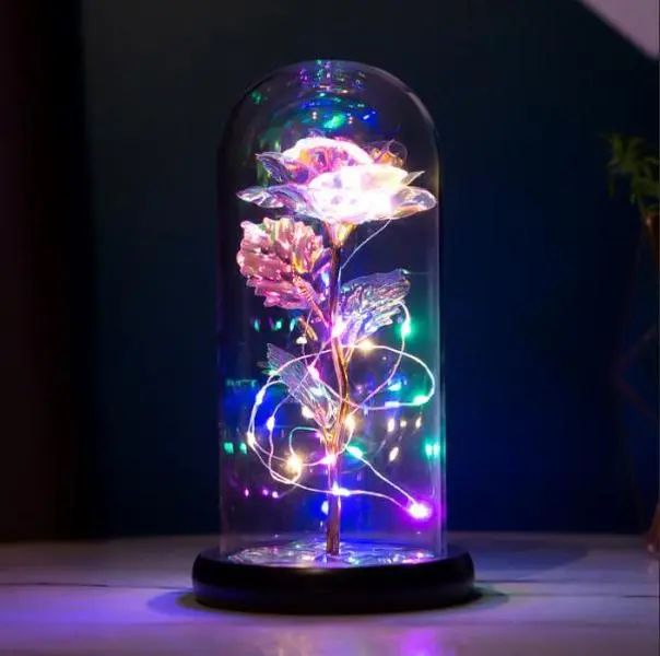 Rechargeable ABS Galaxy Glass Forever Rose Light with 3 Realistic Leaves in Dome - Festive Home Decoration, Valentine’s Day Gift for Mom, Grandma (9.5” h x 4.5”, Includes Batteries), Valentines Day